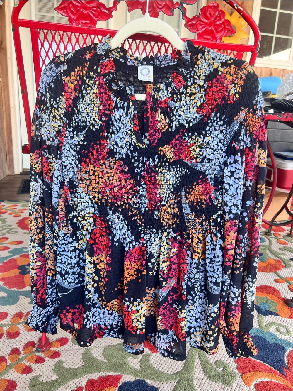 Akemi + Kin Smocked Floral Peasant Blouse - Black Multi